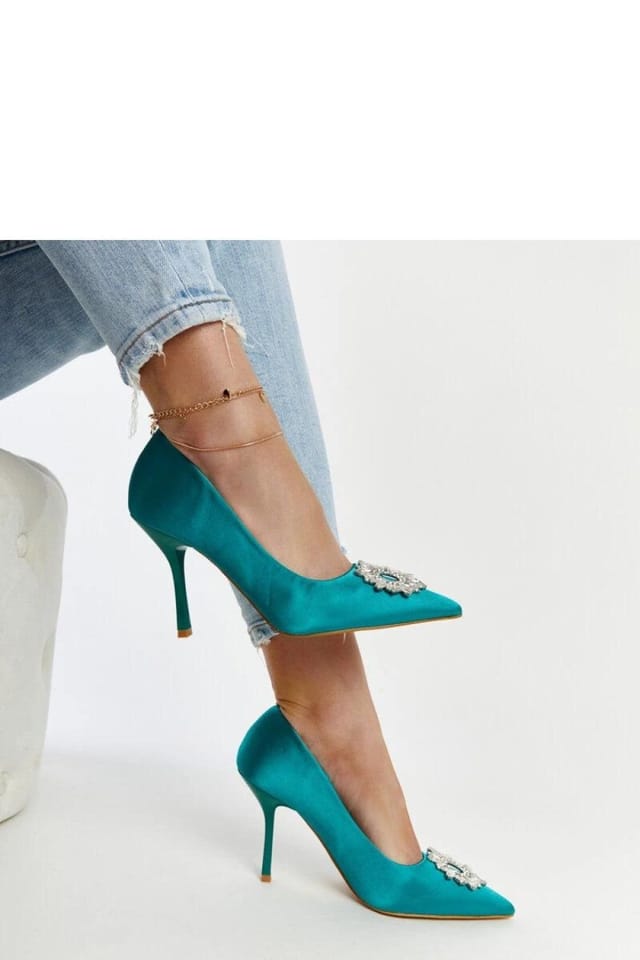 Love Lace Love Lace Women's Summer Green Satin Slip On High Heel Pumps with Zircons in Teal - 3