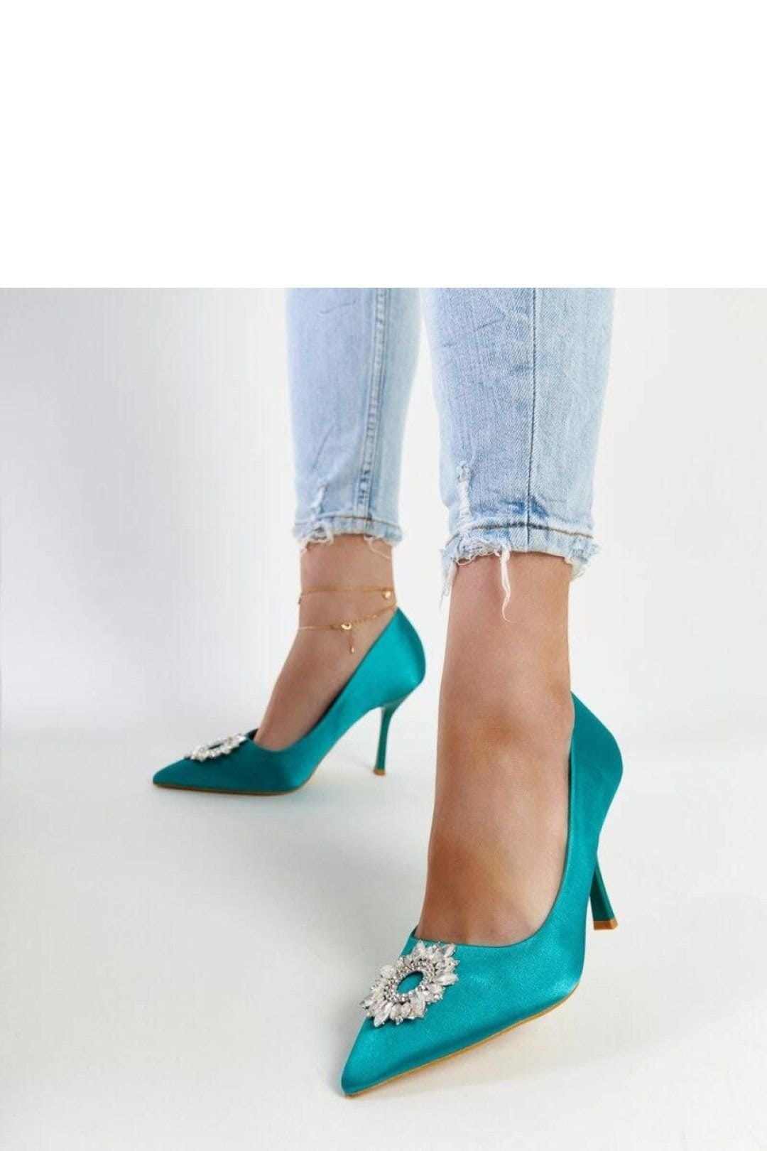 Love Lace Love Lace Women's Summer Green Satin Slip On High Heel Pumps with Zircons in Teal - 4