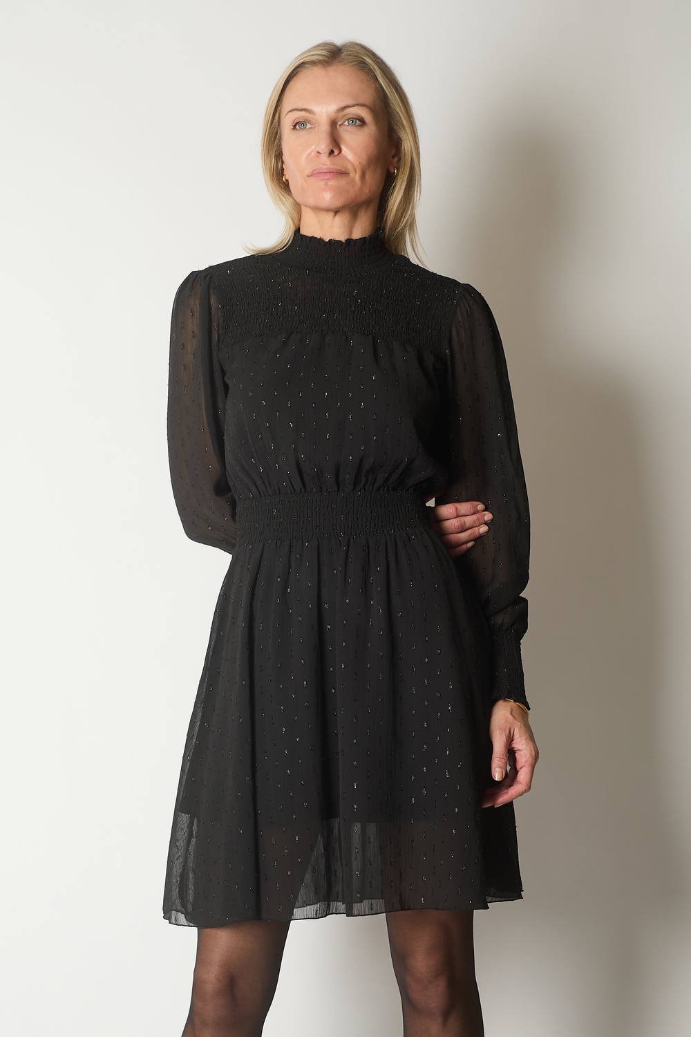 SOLO SOLO Women's Long Sleeve Smocked Waist Dress with Subtle Sparkle in Black - 2