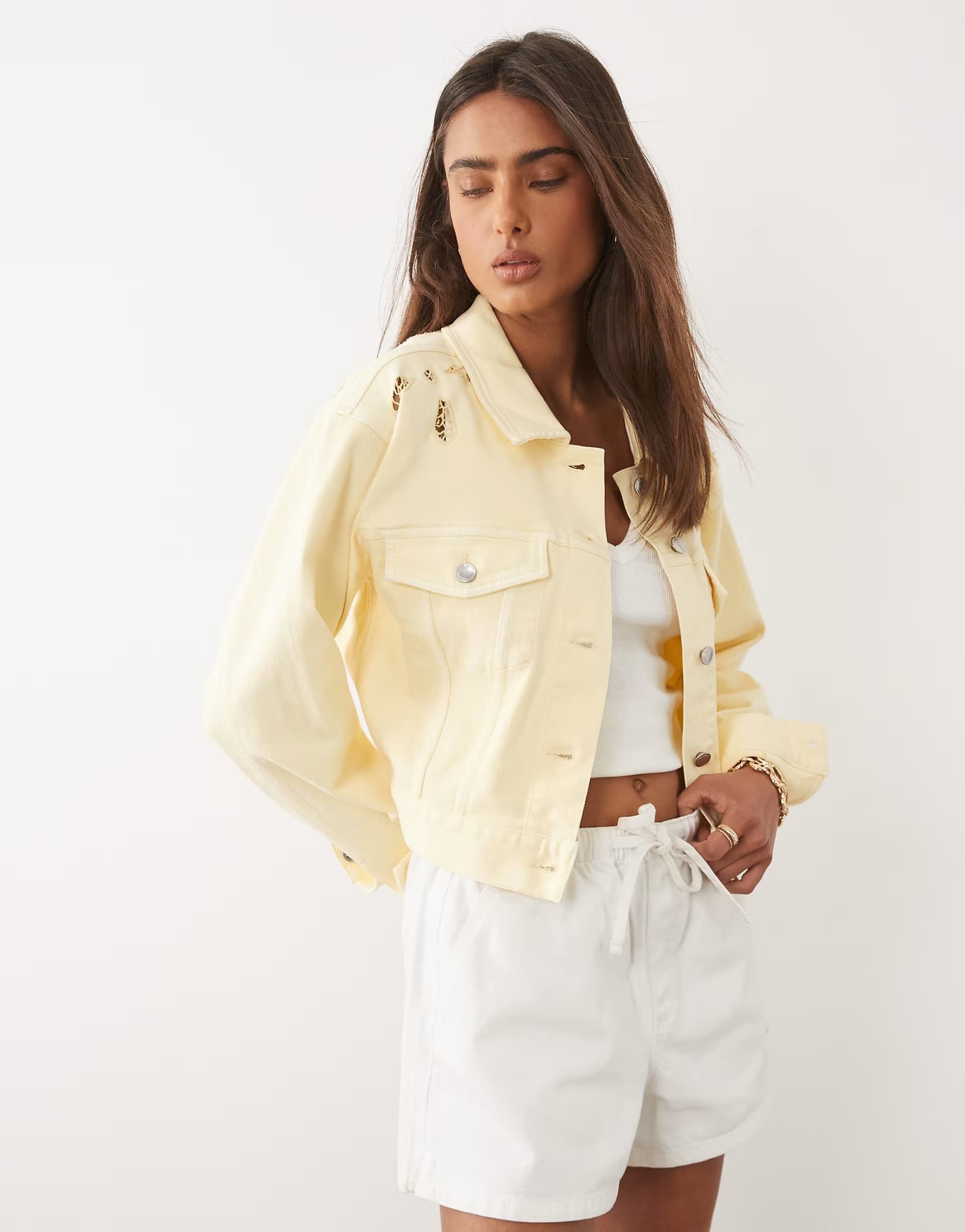 ASOS Good American cotton essential cut out detail crop jacket co-ord in lemon