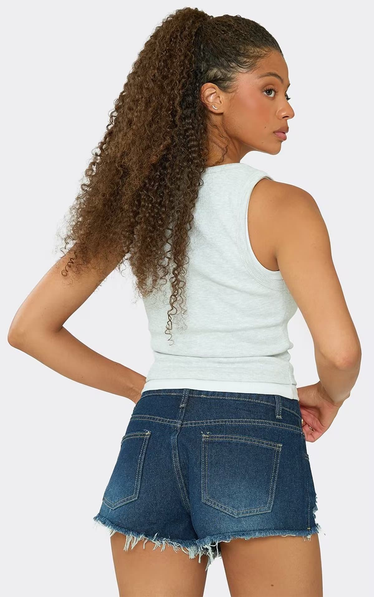 EGO Mid Rise Curved Hem Distressed Shorts In Indigo Blue Denim, Women's Size UK 6