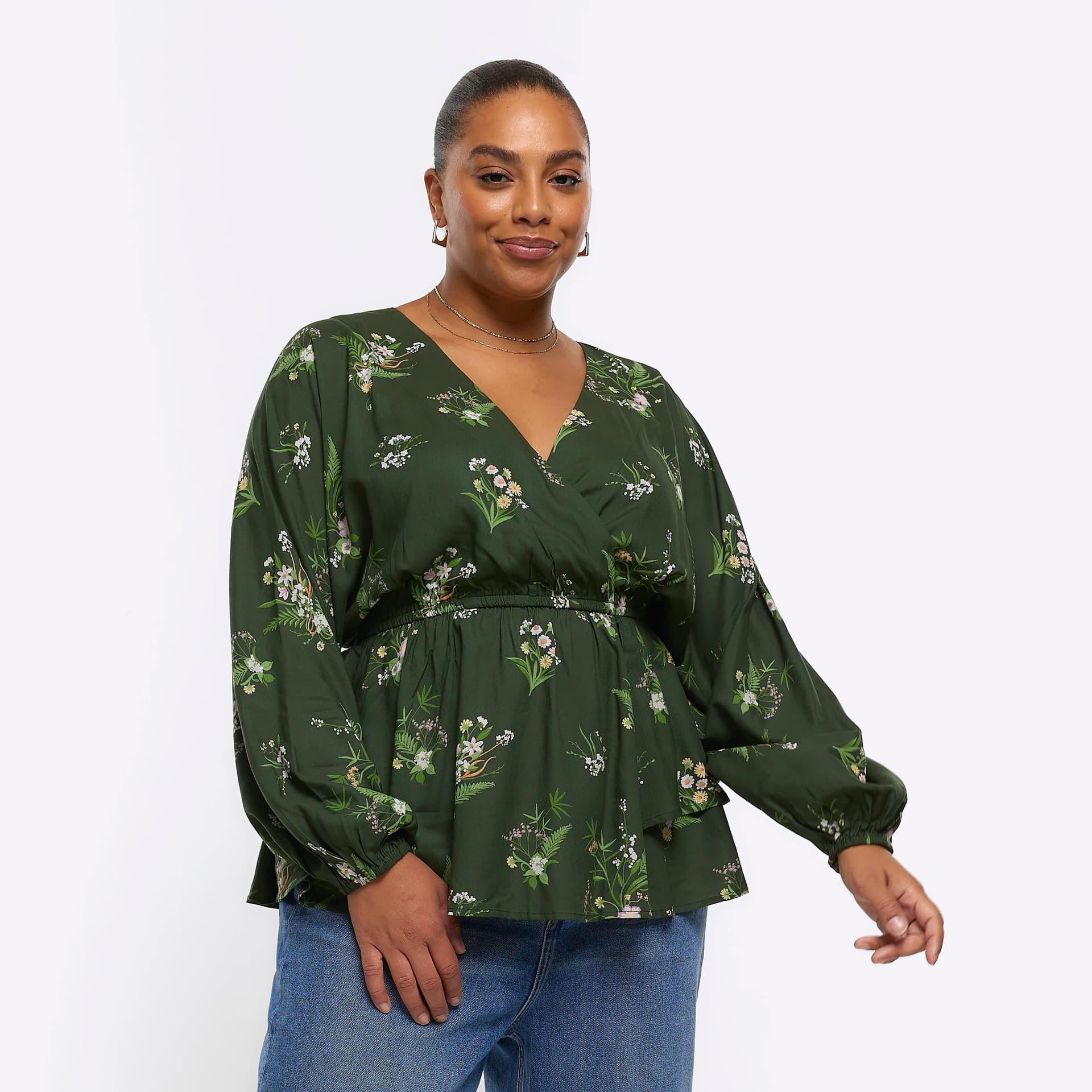Kind Society River Island Womens Plus Green Floral Wrap Blouse