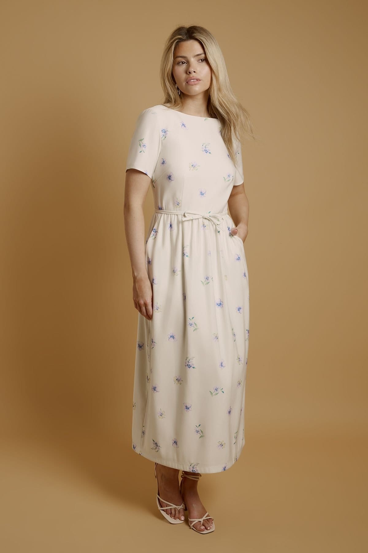 Oasis Ivory Pansy Print Ottoman Twill Midi Dress With Bow