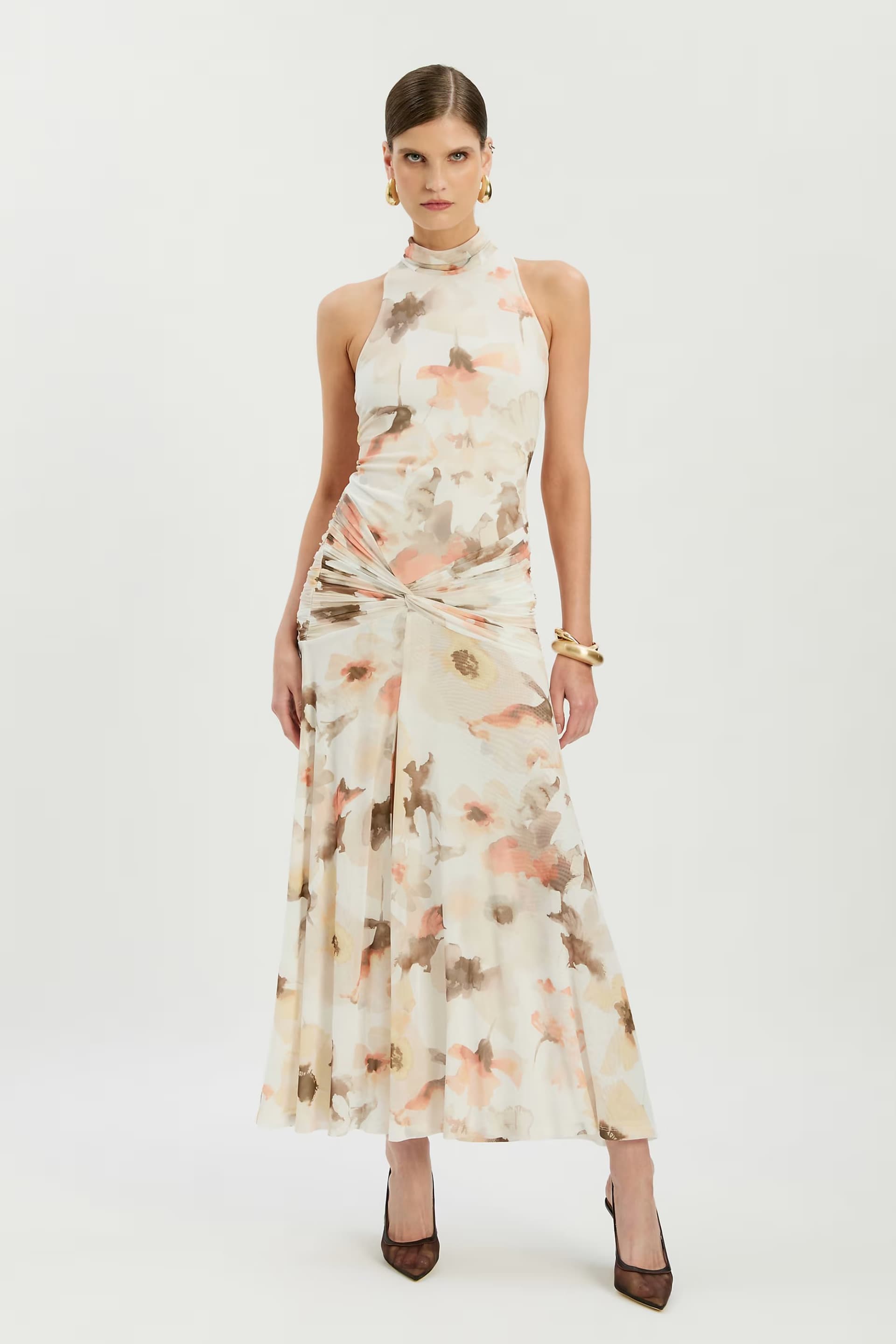 ASOS Bardot Leanna high neck ruched waist thigh split mesh midi dress in ivory watercolour floral