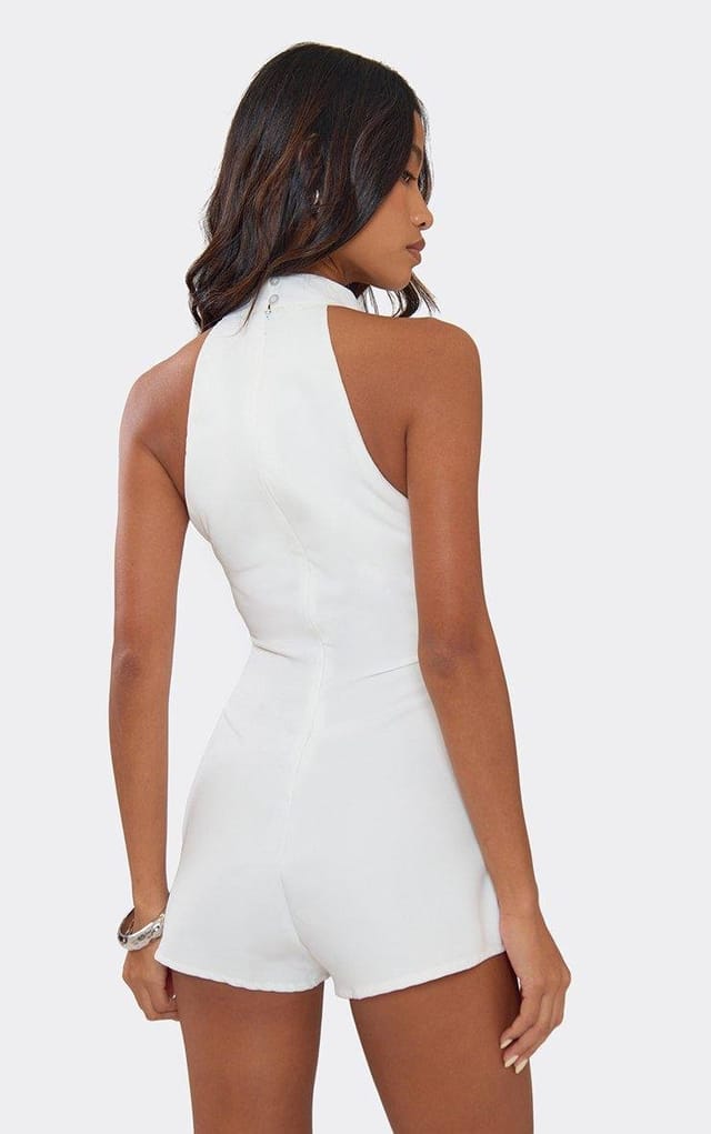 EGO High Neck Keyhole Cut Out Tailored Playsuit In Cream, Women's Size UK 6 - 2
