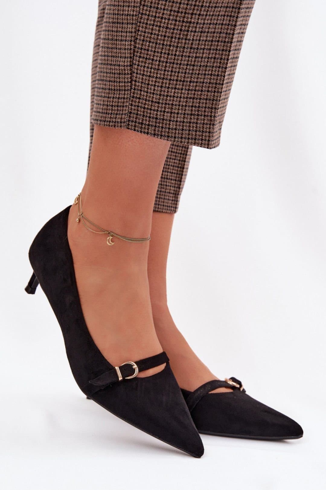 Love Lace Love Lace Black Suede Pointed Toe Low Heel Buckle Strap Comfort