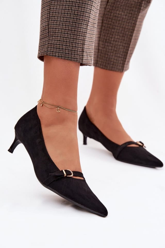Love Lace Love Lace Women's Suede Pointed Toe Low Heel Buckle Strap Comfort Everyday Pumps in Black - 3