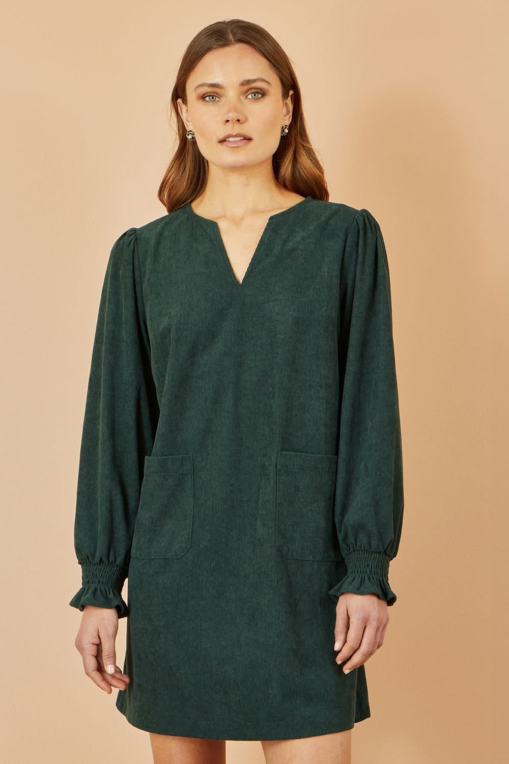 Yumi Yumi Green Corduroy Tunic With Ruched Sleeve