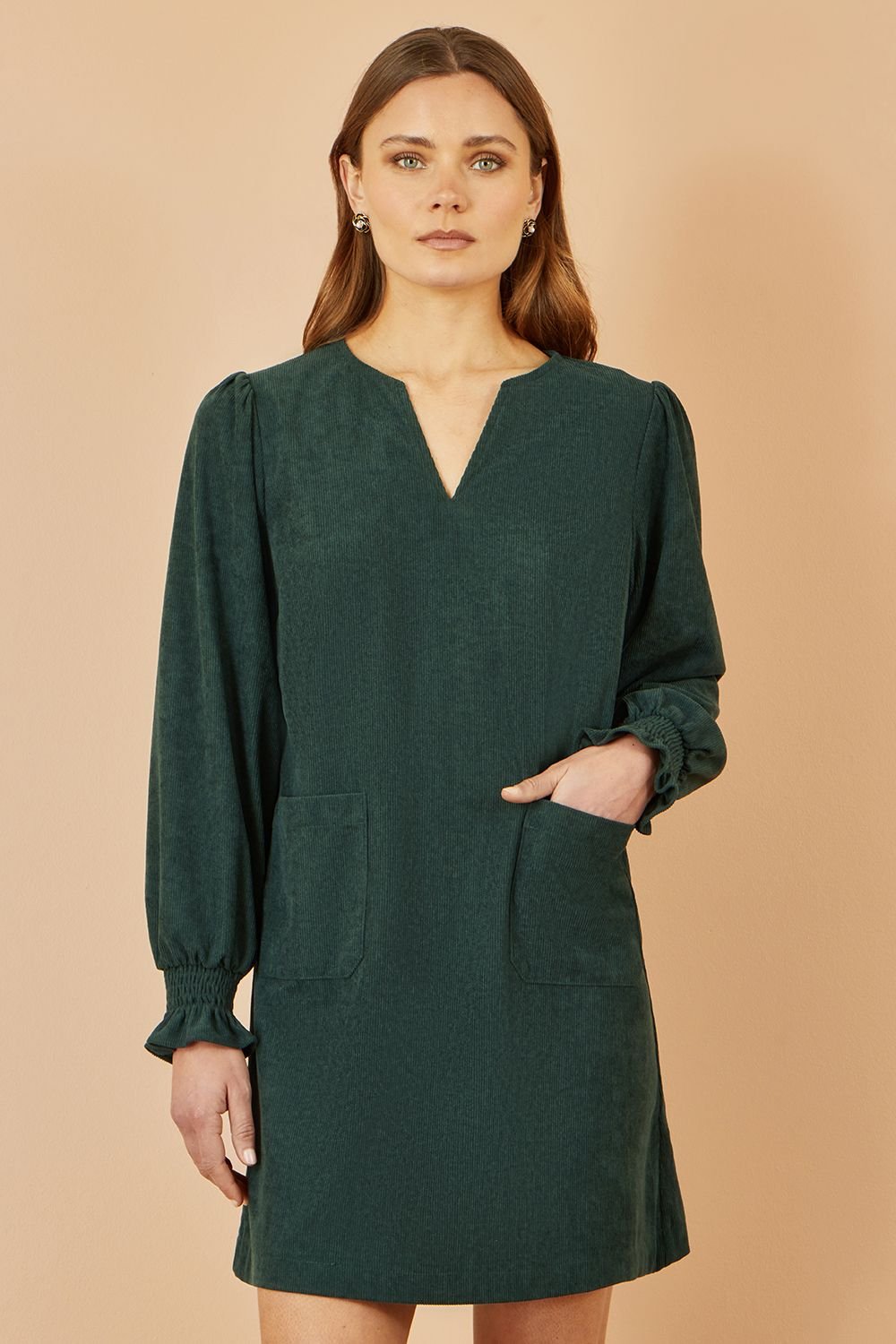 Yumi Yumi Women's Green Cord Tunic With Ruched Sleeve - 2
