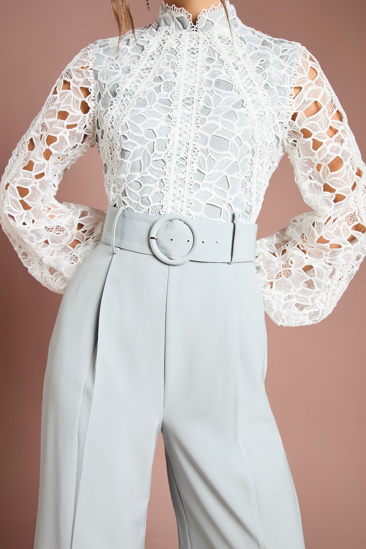 Coast Coast Women's Organza Lace Belted Long Sleeve Jumpsuit in Sage - 4