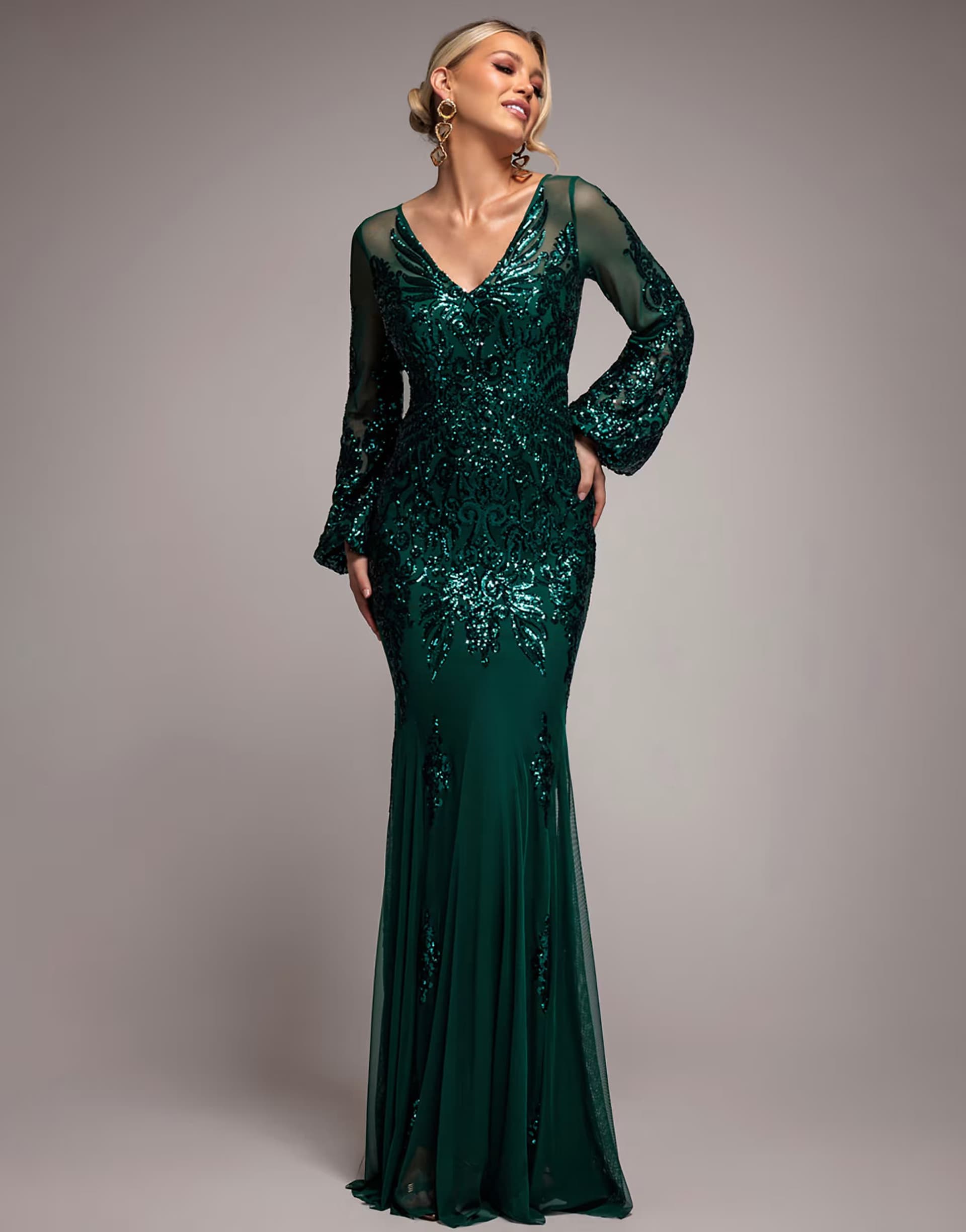 ASOS Goddiva Embellished sequin bishop sleeve maxi dress in emeraldgreen