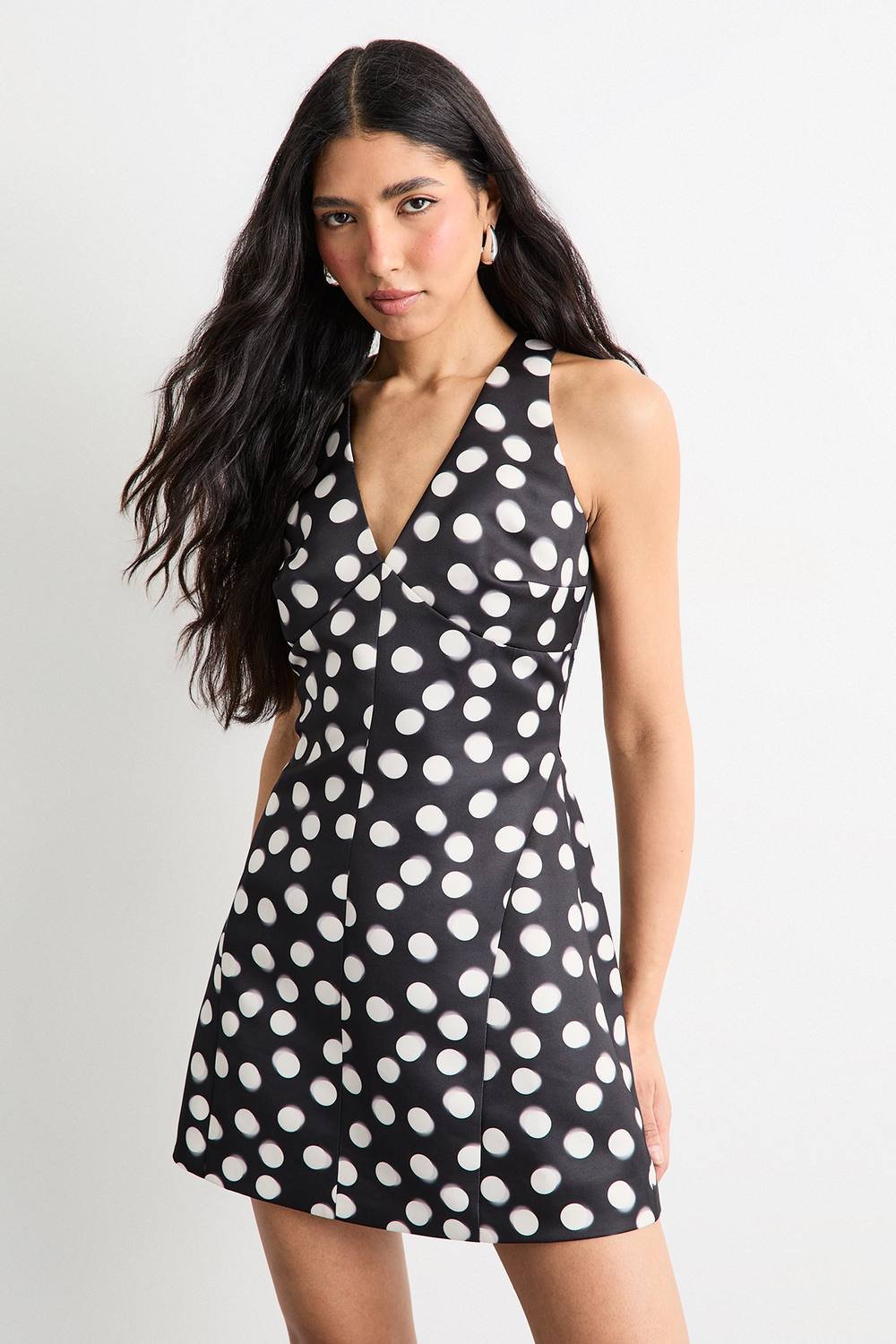 Warehouse Warehouse Women's Satin Structured Polka Dot Print Mini Dress in Black - 2