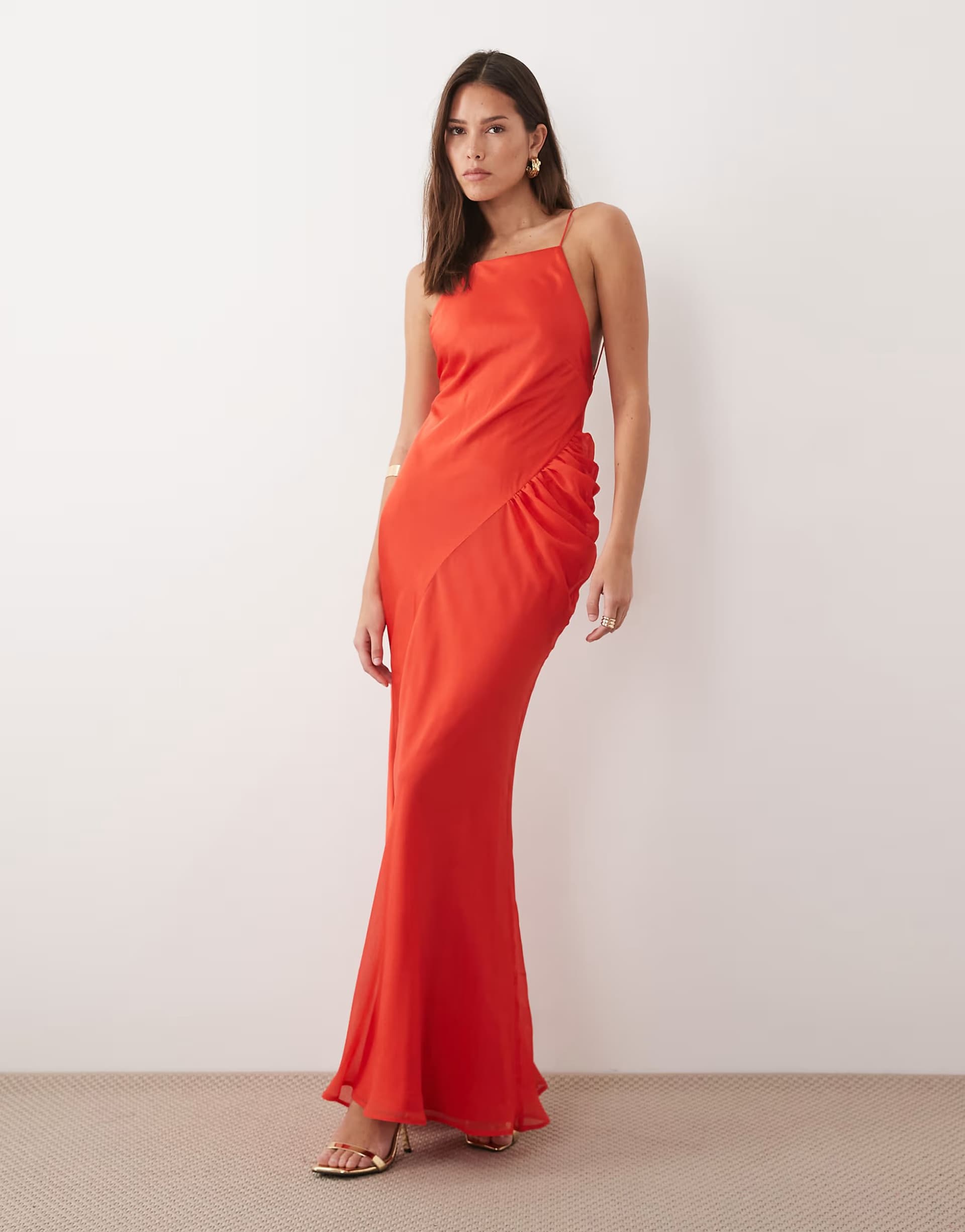 ASOS ASOS DESIGN square neck satin chiffon mix maxi dress in coral