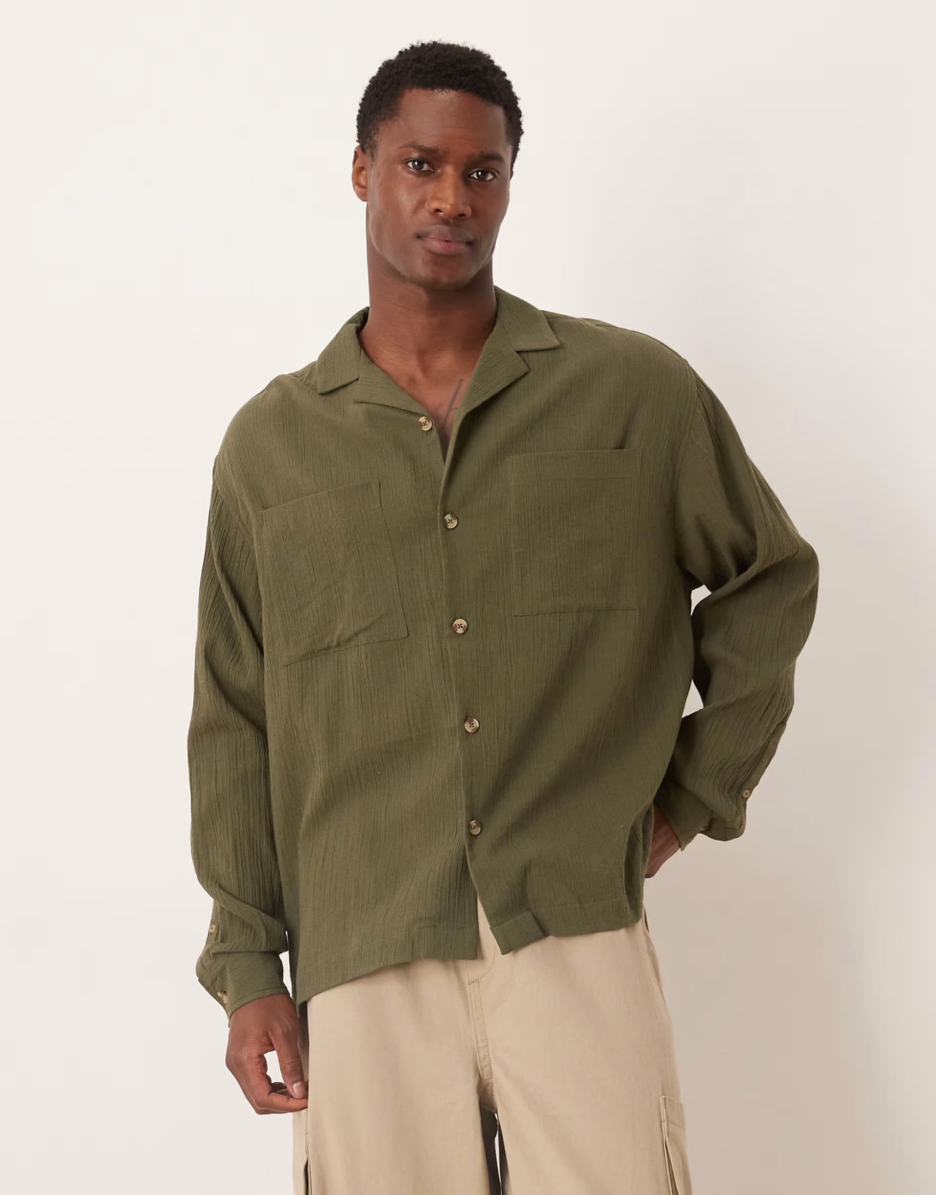 ASOS ASOS DESIGN oversized revere crinkle texture shirt in dark green