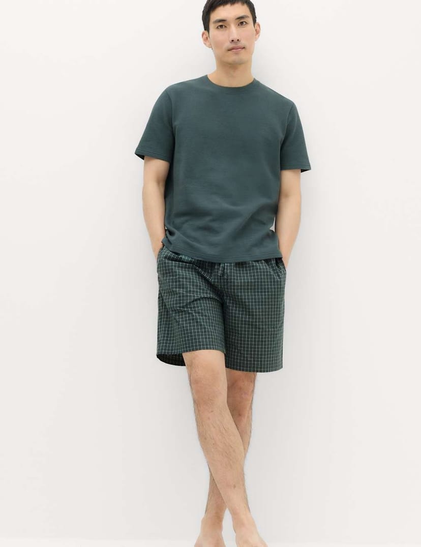 Marks & Spencer M&S Cotton Rich Waffle Checked Pyjama Set Green Mix - 1
