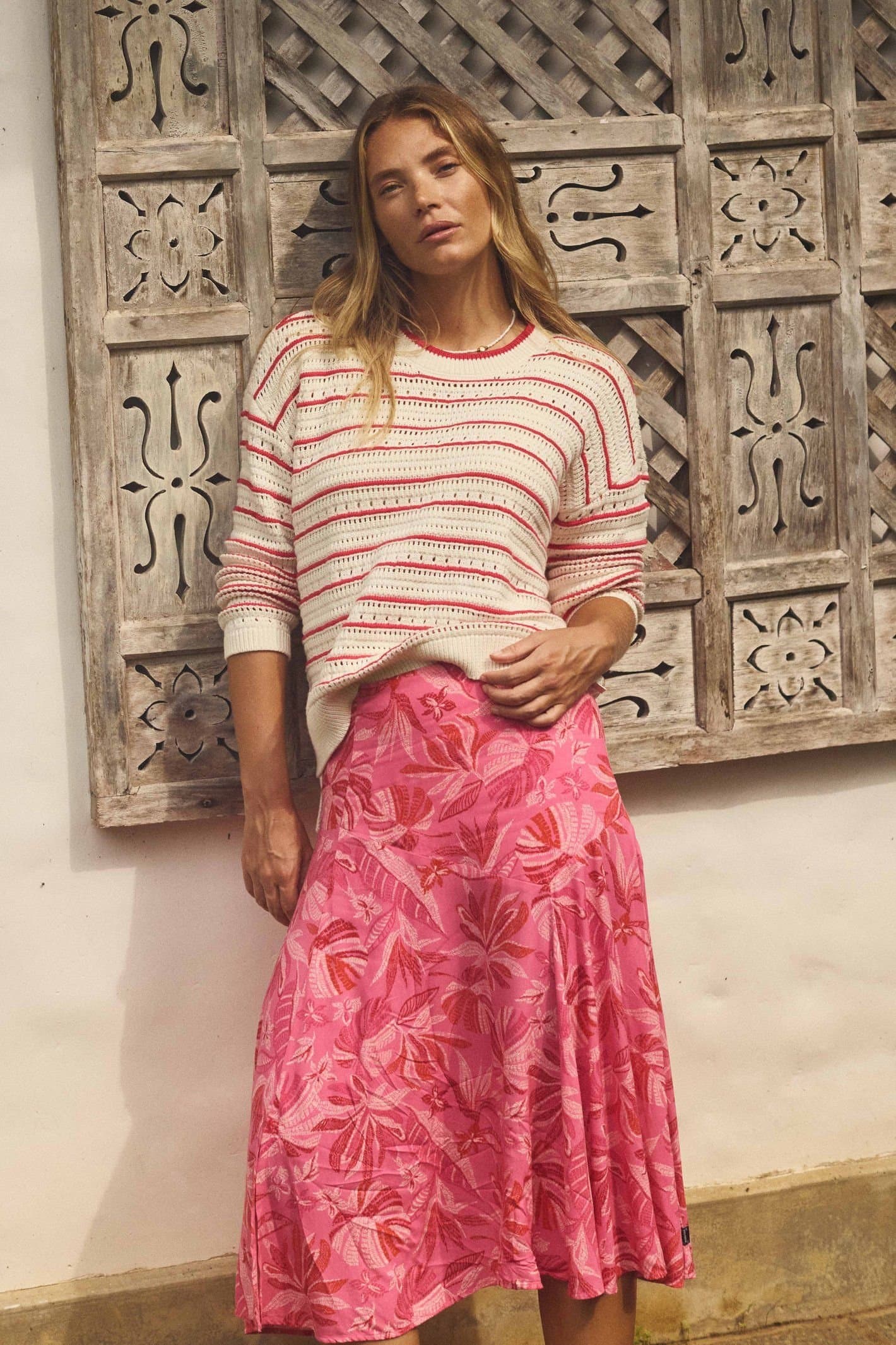Weird Fish Weird Fish Women's Cresento Printed Asymmetric Slit Skirt in Bright Pink