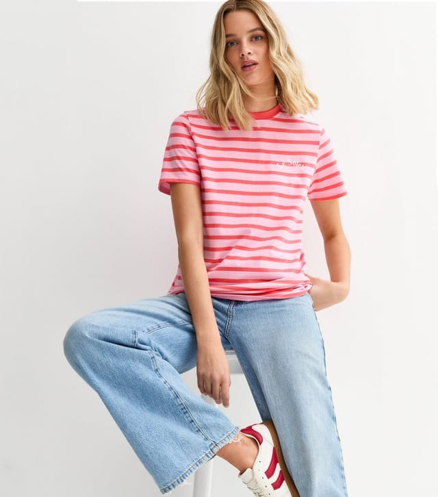 New Look Women's Pink Striped Le Soleil Embroidered T-Shirt New Look - 2