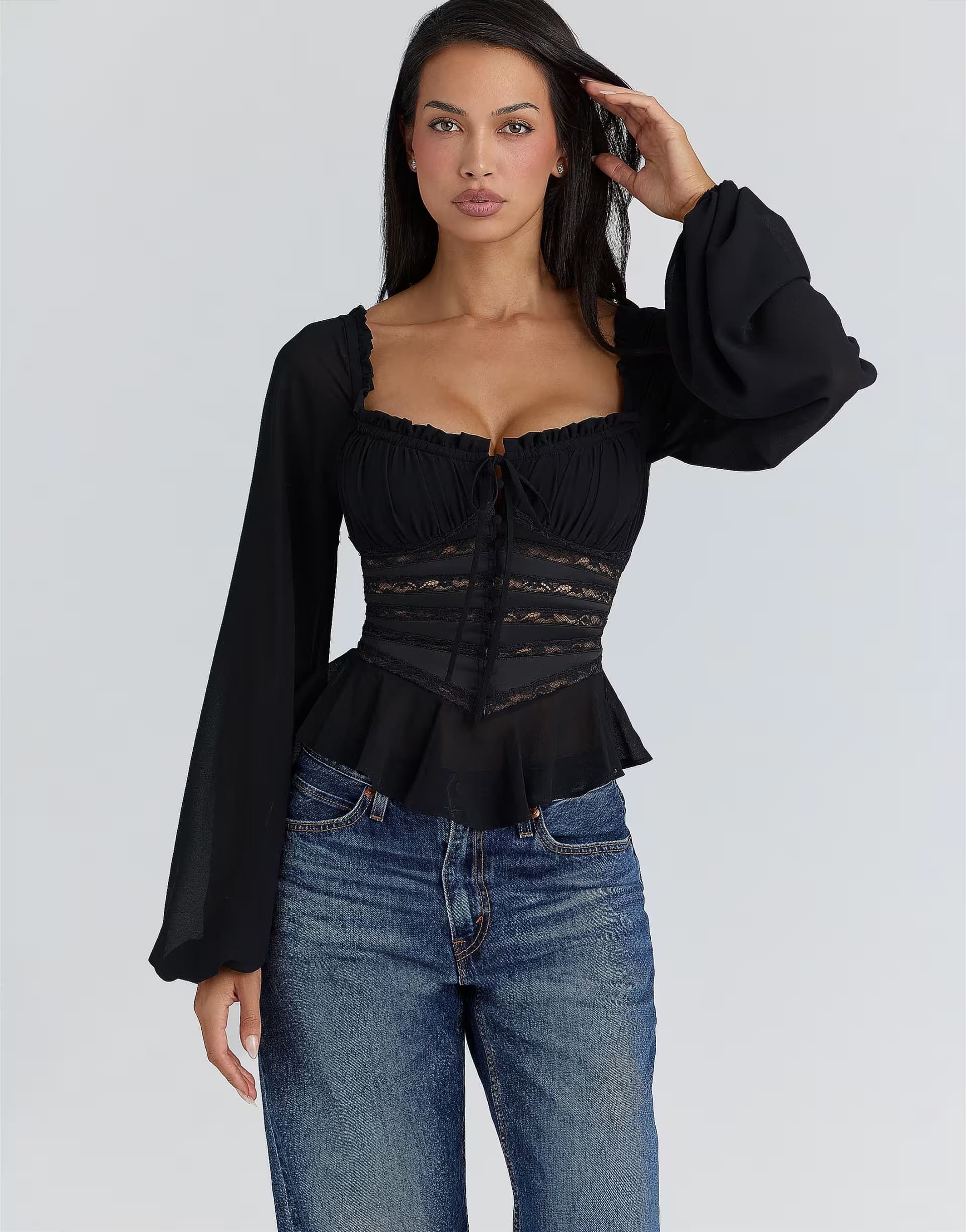 ASOS House of CB Cara black long sleeve georgette peplum top in black