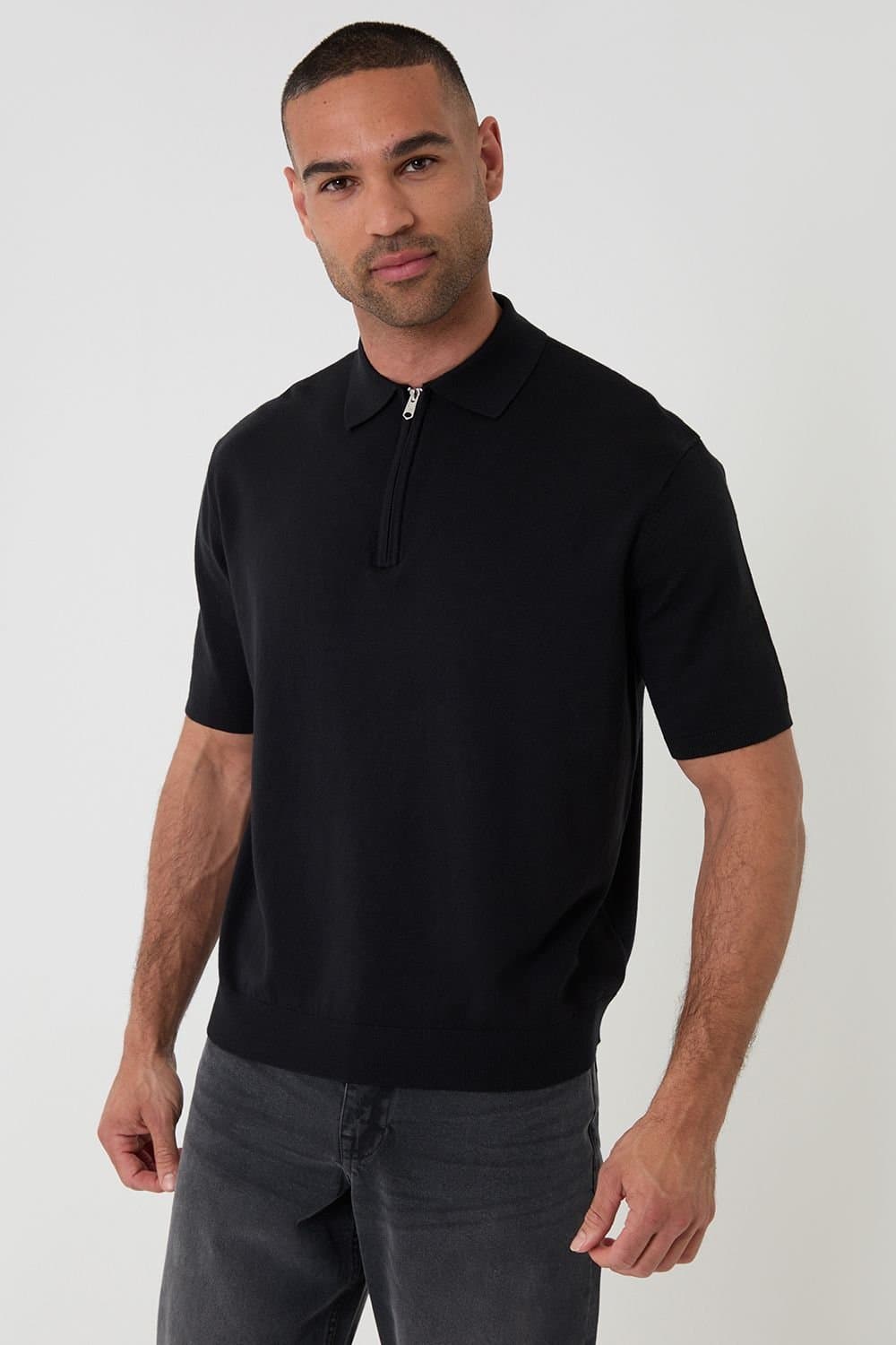 Threadbare Threadbare Men's Relaxed Fit Knitted Quarter Zip Polo in Black