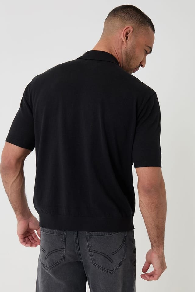 Threadbare Threadbare Men's Relaxed Fit Knitted Quarter Zip Polo in Black - 2