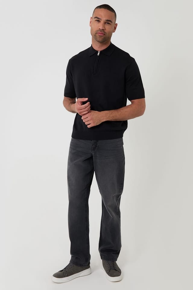 Threadbare Threadbare Men's Relaxed Fit Knitted Quarter Zip Polo in Black - 3