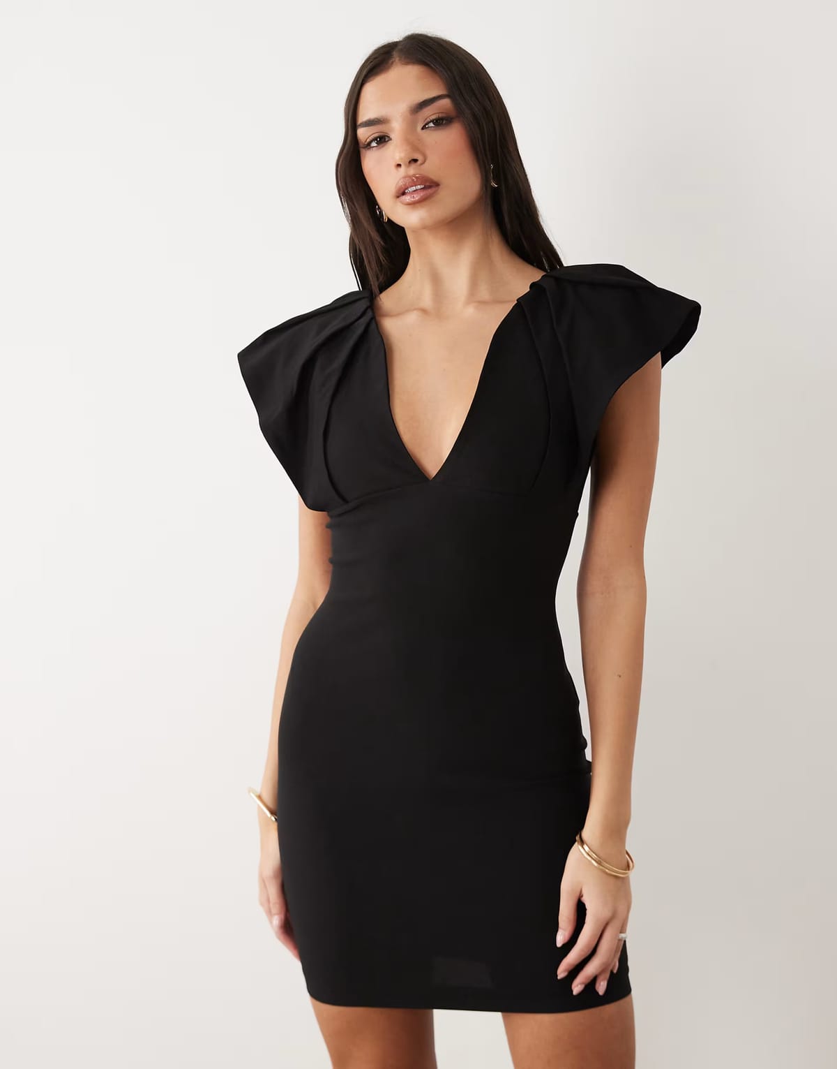 ASOS Vesper bengaline exaggerated shoulder mini dress in black - 1