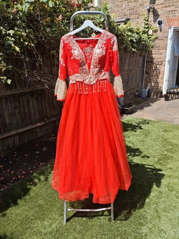 Unique Luxury Red Embroidered Evening Gown | Gold Beaded Detail | Formal Party Dress
