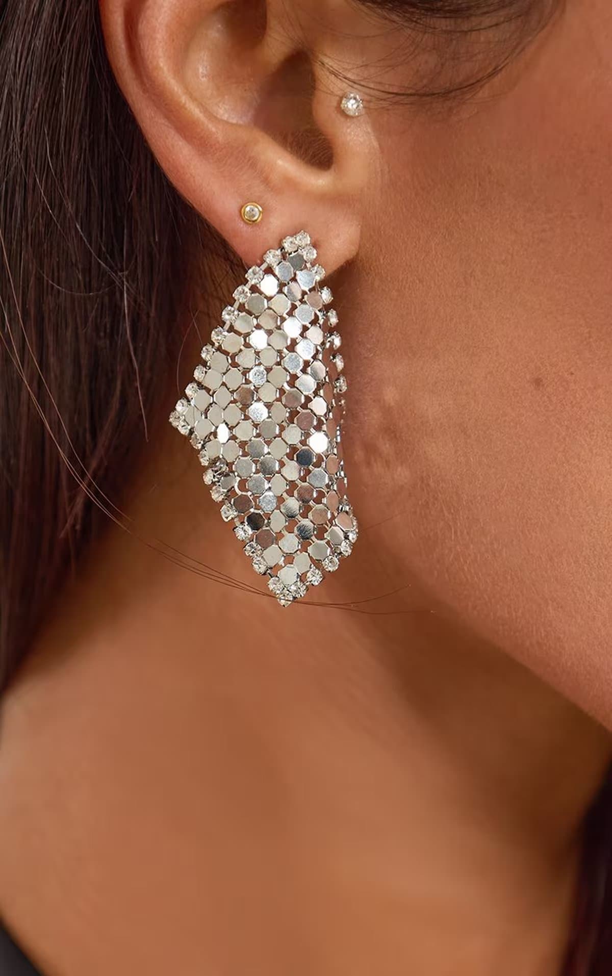 EGO Chainmail Stud Earring In Silver, Women's Size UK 0