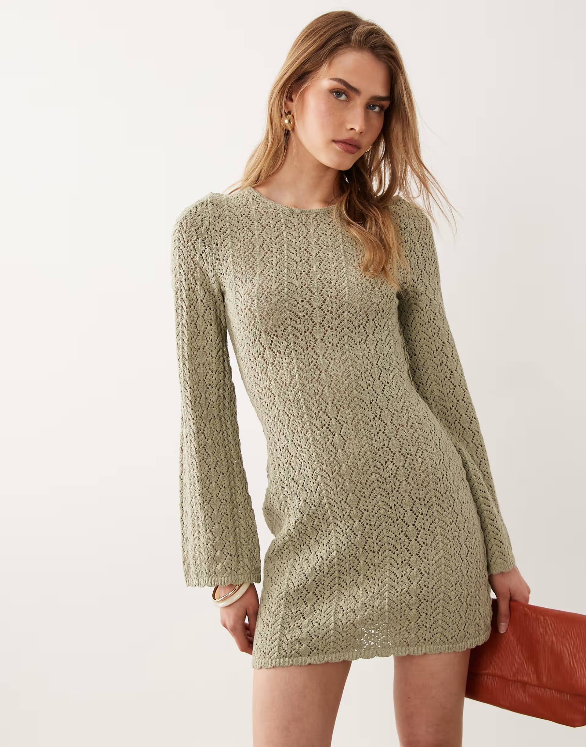 ASOS Pastel Green Crochet Knit Mini Dress with Open Back