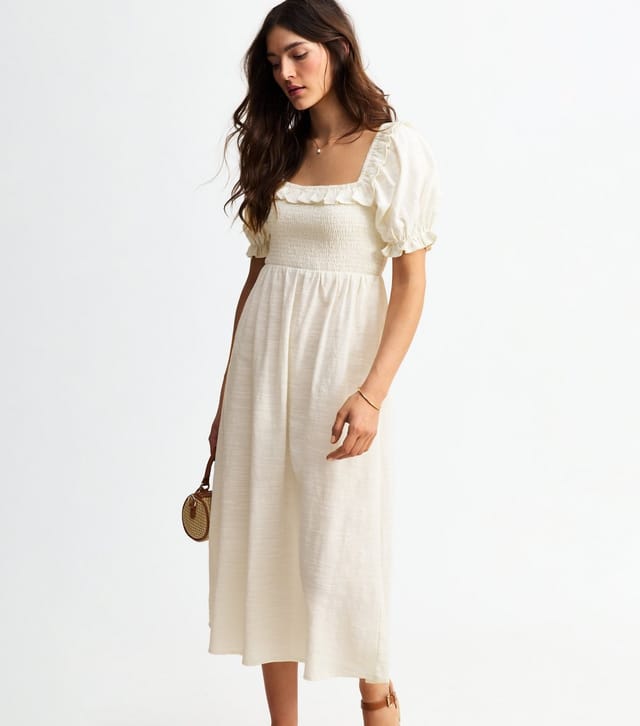 New Look Women's Off White Shirred Frill Trim Midi Dress New Look - 2