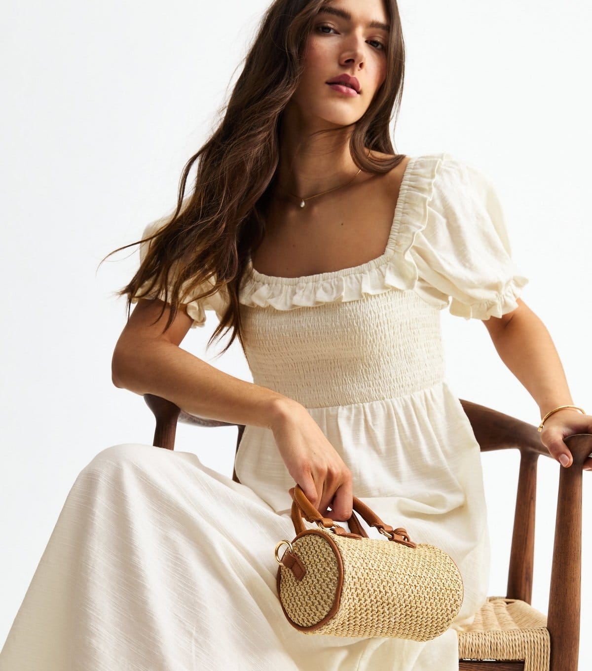 New Look Women's Off White Shirred Frill Trim Midi Dress New Look - 4