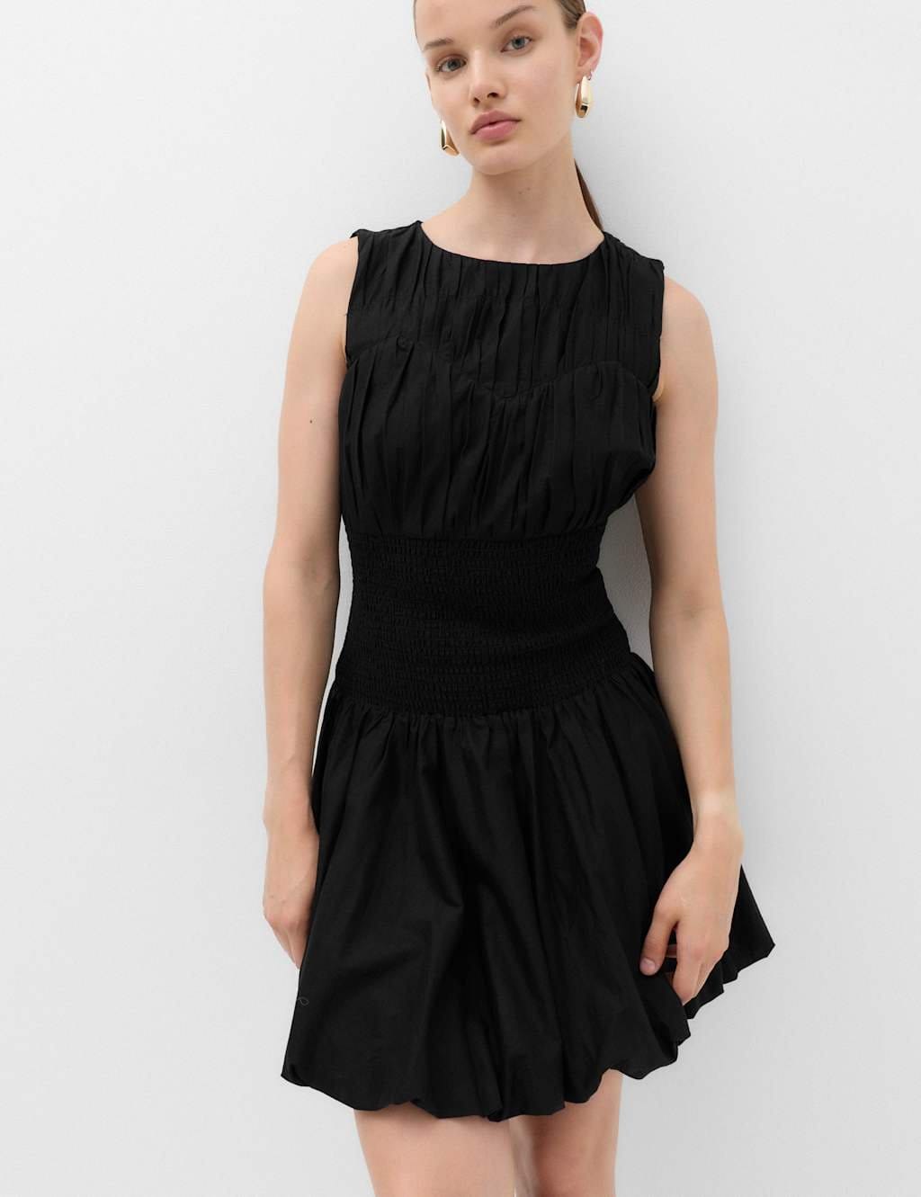 M&S Black Pure Cotton Round Neck Shirred Mini Dress