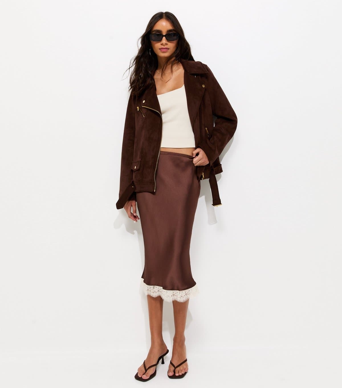 New Look Women's Brown Lace Trim Satin Midi Skirt New Look