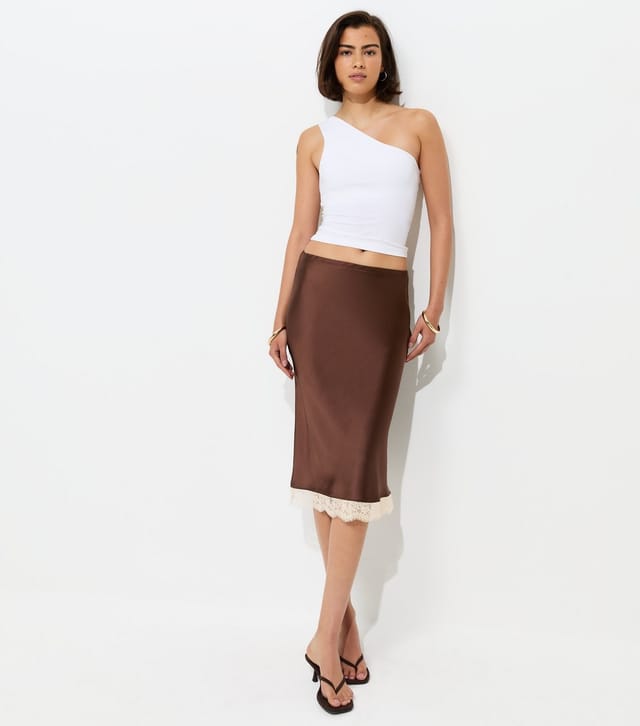 New Look Women's Brown Lace Trim Satin Midi Skirt New Look - 2