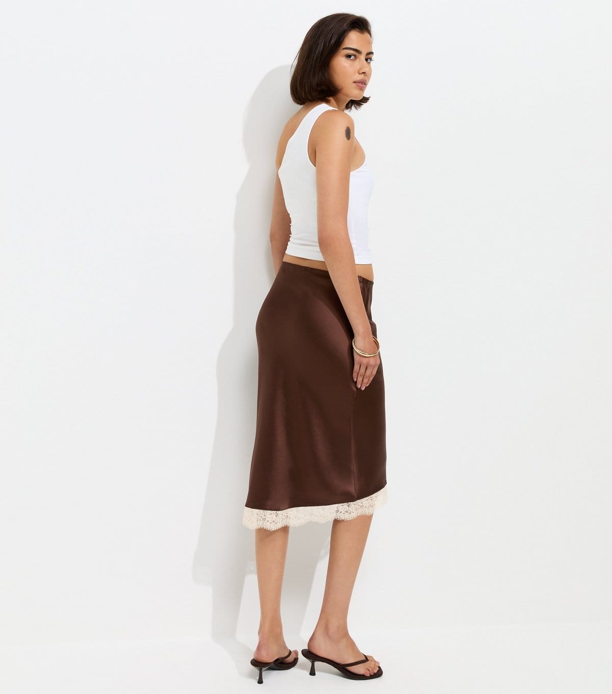 New Look Women's Brown Lace Trim Satin Midi Skirt New Look - 4