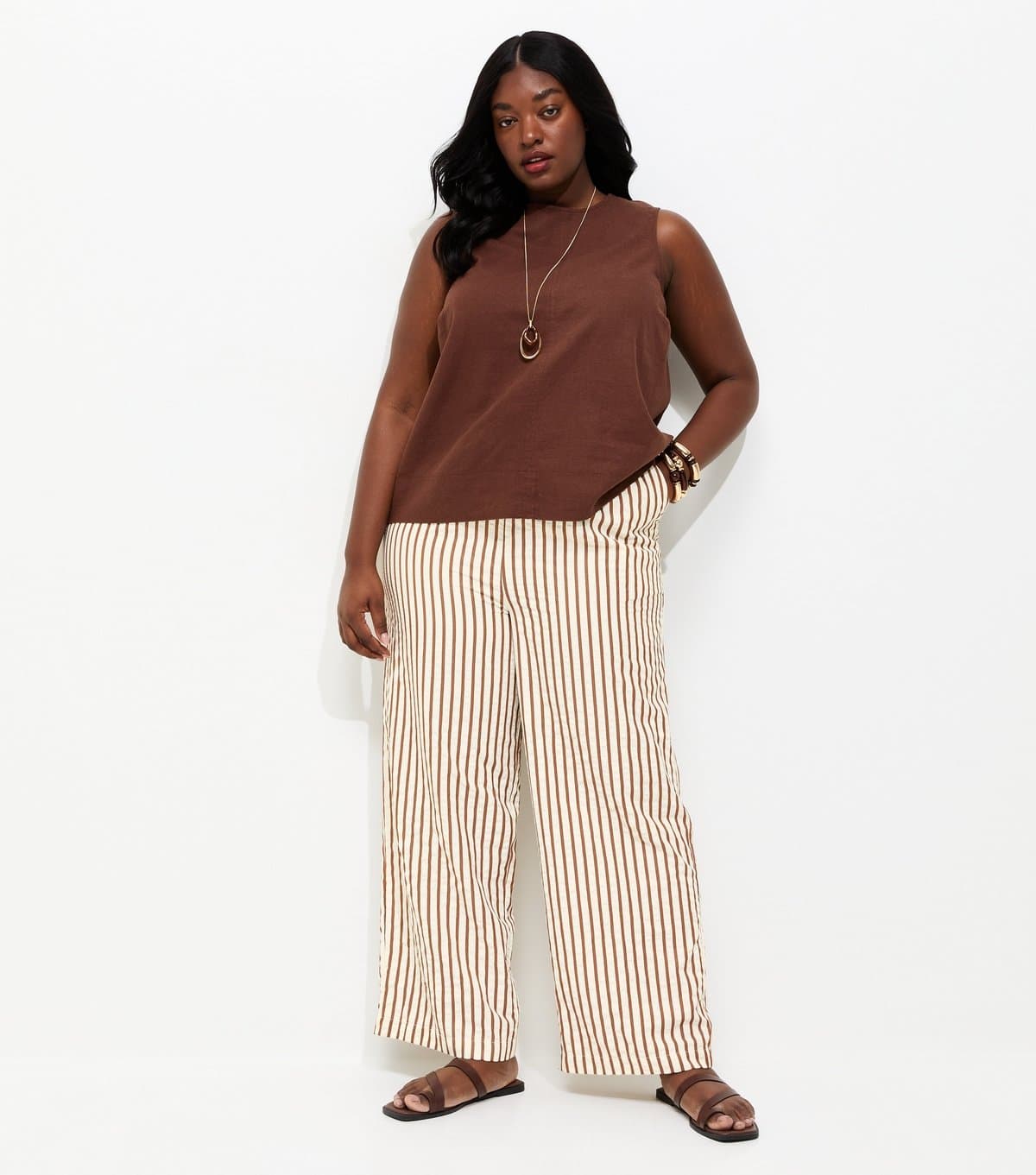New Look Women's Plus Size Brown Striped Seersucker Wide Leg Trousers Curves New Look
