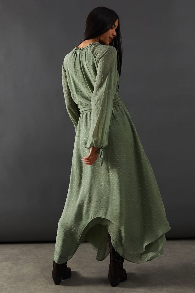 Warehouse Warehouse Women's Tufted Dobby Chiffon Button Front Tie Neck Hanky Hem Midi Dress in Khaki - 3