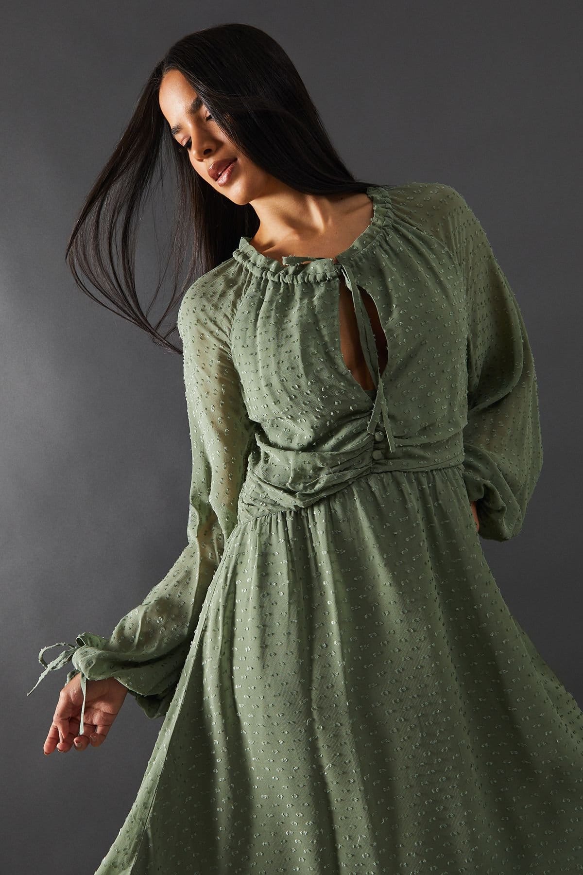 Warehouse Warehouse Women's Tufted Dobby Chiffon Button Front Tie Neck Hanky Hem Midi Dress in Khaki - 4