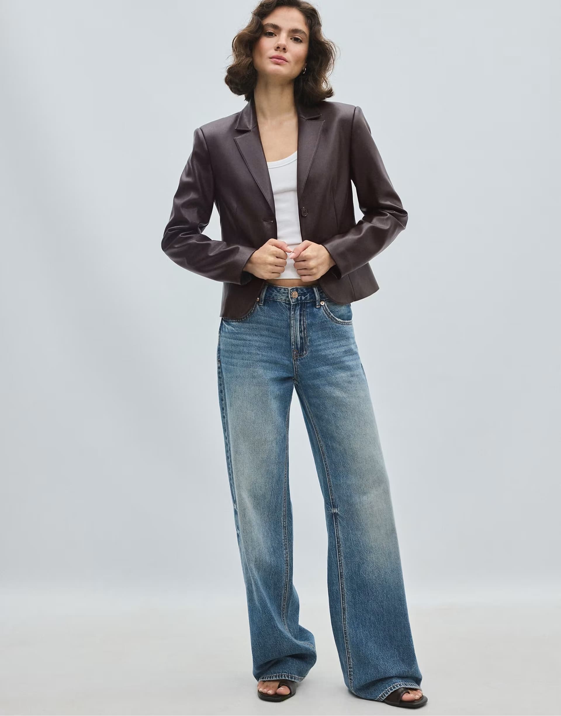 ASOS Stradivarius Short fitted leather effect blazer in brown