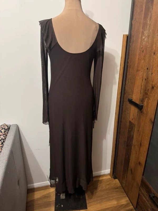 ASOS Design long sleeve sheer chest tie mesh maxi fairy dress chocolate brown size 10