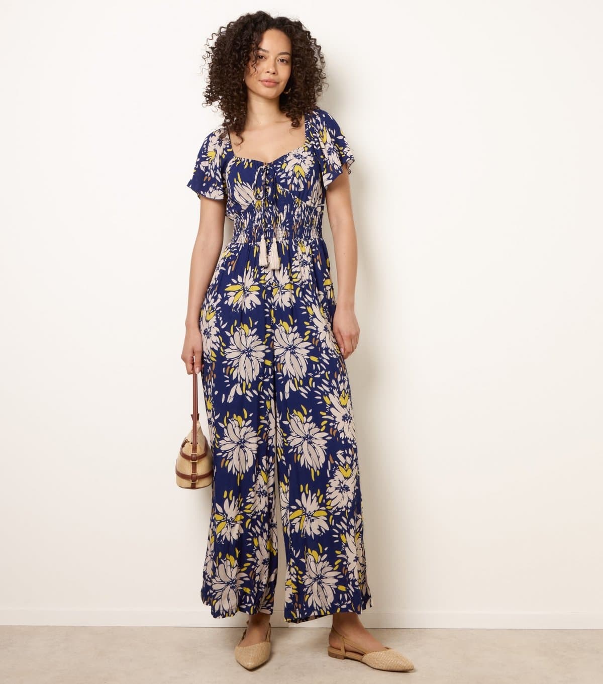 Blue Vanilla Women's Yellow Shirred Waist Wide Leg Jumpsuit Blue Vanilla New Look