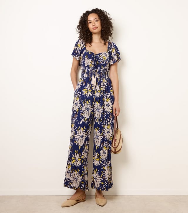 Blue Vanilla Women's Yellow Shirred Waist Wide Leg Jumpsuit Blue Vanilla New Look - 3