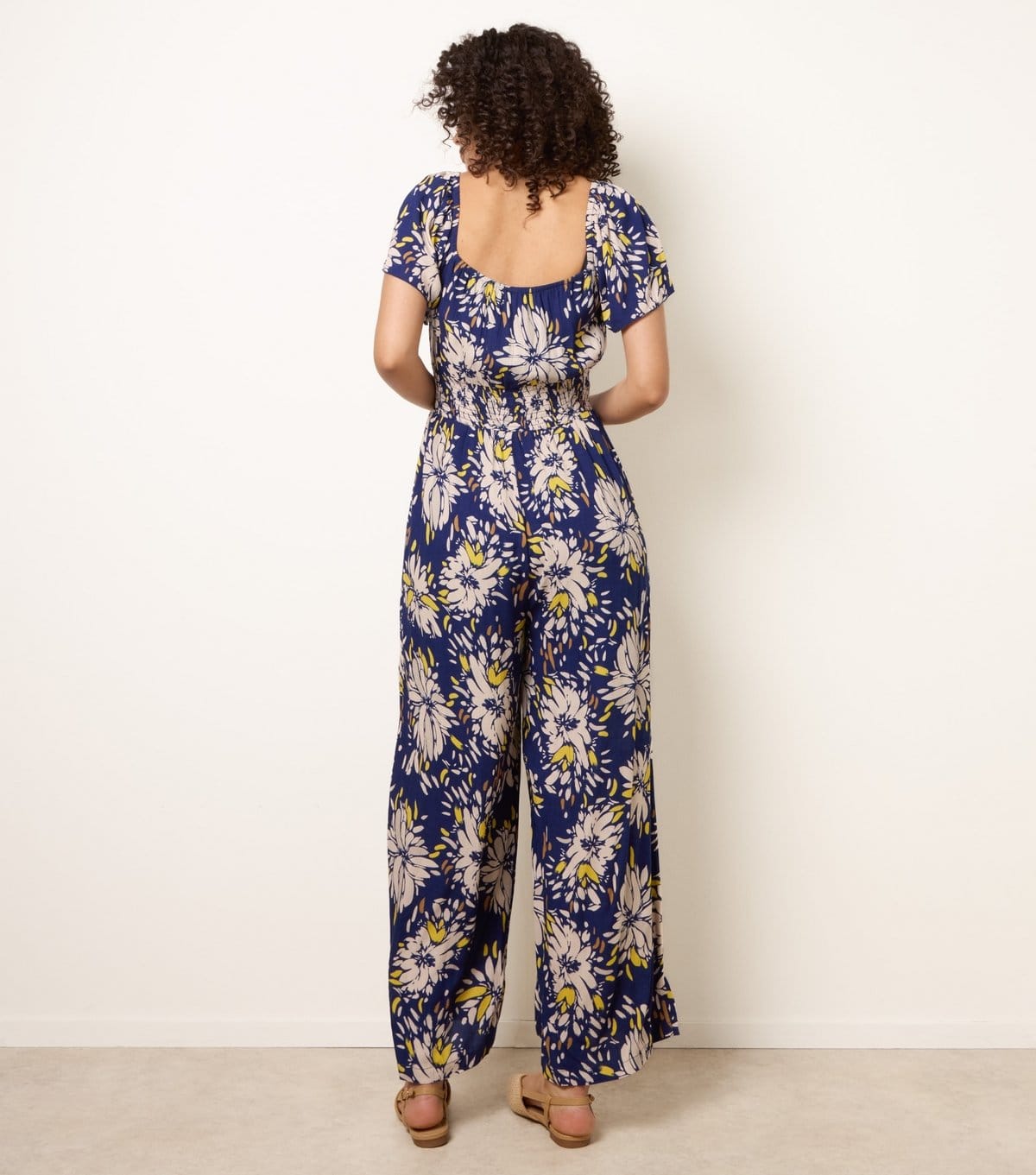 Blue Vanilla Women's Yellow Shirred Waist Wide Leg Jumpsuit Blue Vanilla New Look - 4