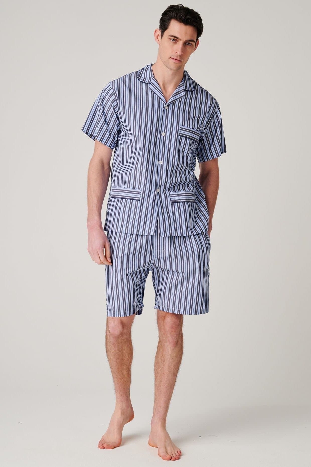 British Boxers British Boxers Men's "Navy Spark Stripe" Crisp Cotton Short Pyjama Set in Mid Navy