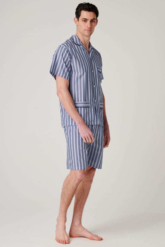 British Boxers British Boxers Men's "Navy Spark Stripe" Crisp Cotton Short Pyjama Set in Mid Navy - 2