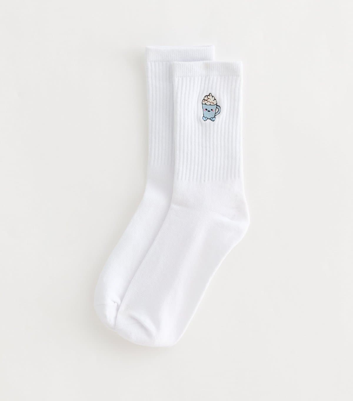 New Look New Look White Cotton Rich Embroidered Ribbed Tube Socks