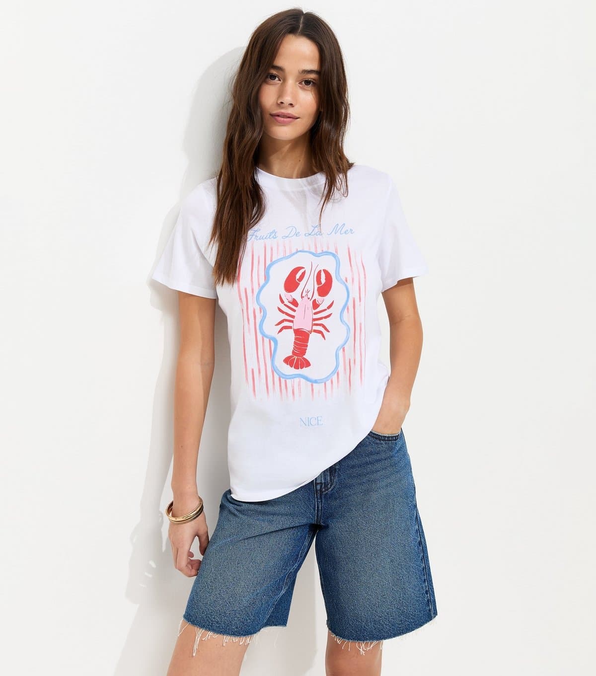 New Look Women's White Cotton Lobster Print Relaxed T-Shirt New Look