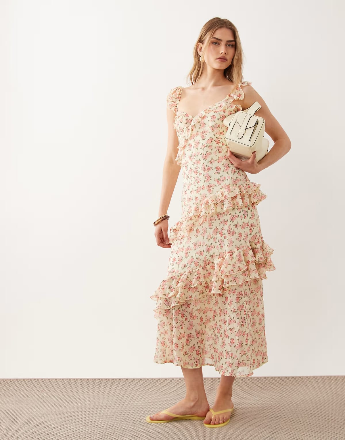 ASOS New Look Petite floral bouquet print ruffle maxi dress in yellow - 1