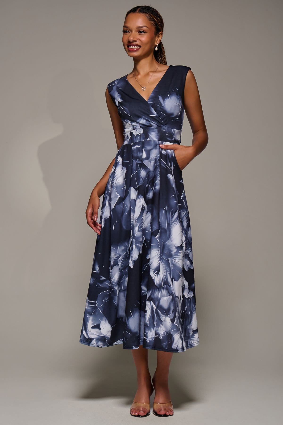 Jolie Moi Dark Navy V-Neck Fit & Flare Scuba Midi Dress