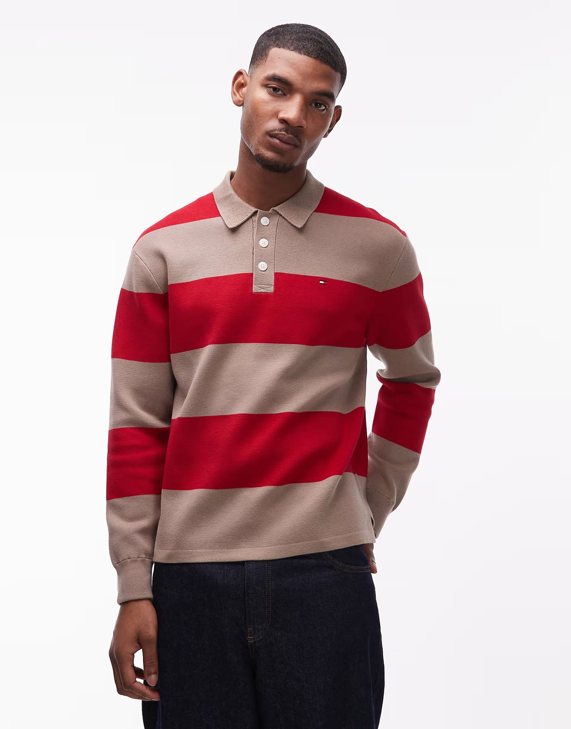 ASOS Tommy Hilfiger block stripe long sleeve rugby polo shirt in red and tan